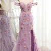 Purple Off the Shoulder Long Appliques Mermaid Prom Dress with Slit