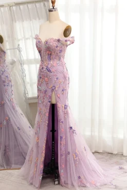 Purple Off the Shoulder Long Appliques Mermaid Prom Dress with Slit