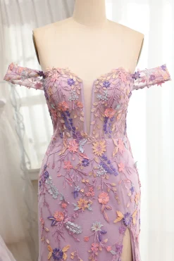 Purple Off the Shoulder Long Appliques Mermaid Prom Dress with Slit