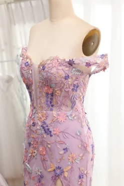 Purple Off the Shoulder Long Appliques Mermaid Prom Dress with Slit