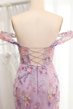 Purple Off the Shoulder Long Appliques Mermaid Prom Dress with Slit