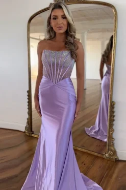 Purple Sparkly Beaded Corset Strapless Prom Dress