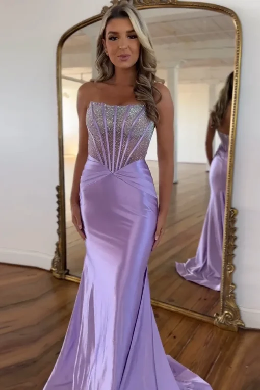 Purple Sparkly Beaded Corset Strapless Prom Dress