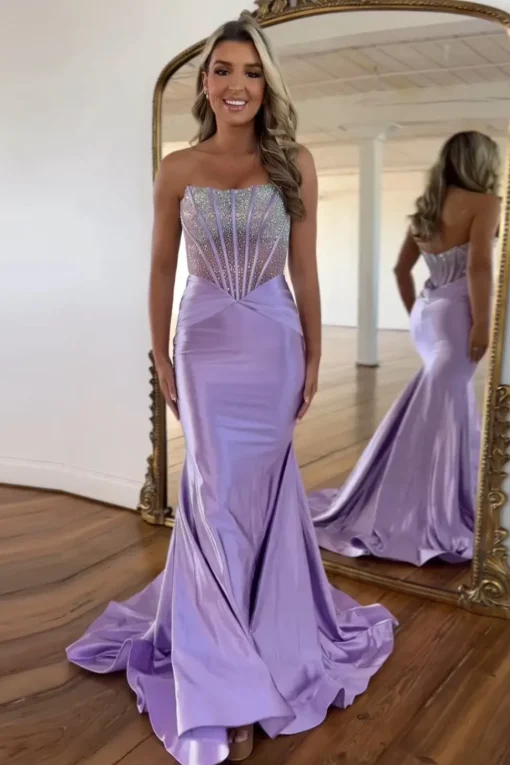 Purple Sparkly Beaded Corset Strapless Prom Dress