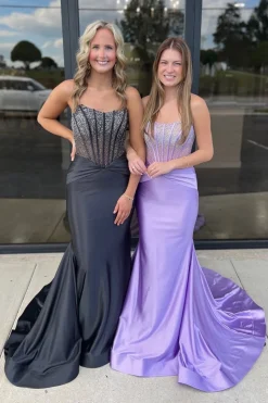 Purple Sparkly Beaded Corset Strapless Prom Dress