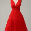 Red A Line Deep V Neck Midi Prom Dress with Open Back