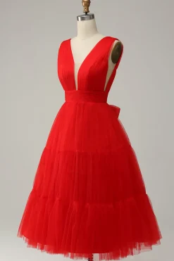 Red A Line Deep V Neck Midi Prom Dress with Open Back