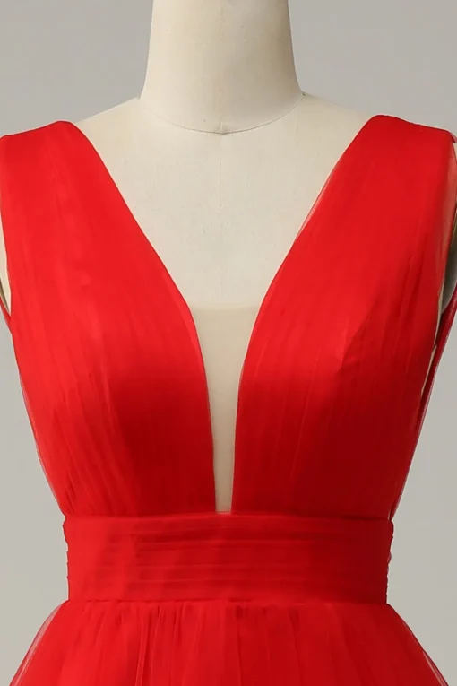 Red A Line Deep V Neck Midi Prom Dress with Open Back