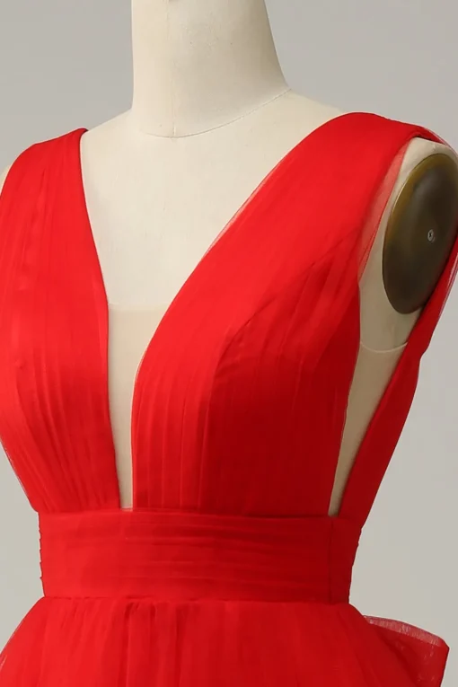Red A Line Deep V Neck Midi Prom Dress with Open Back