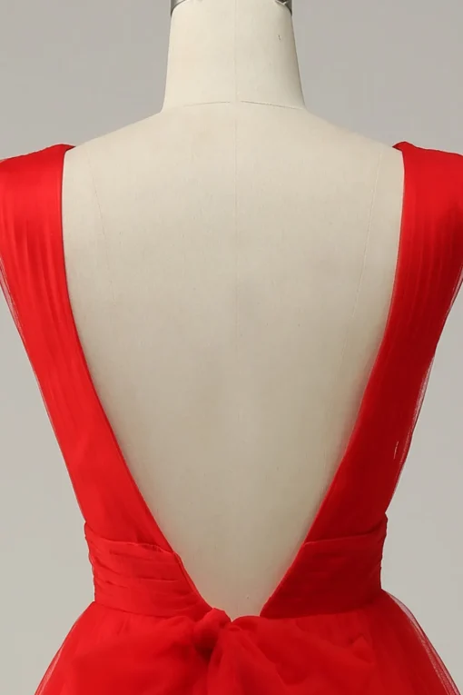 Red A Line Deep V Neck Midi Prom Dress with Open Back