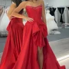 Red A Line Strapless Corset Long Prom Dress with Slit