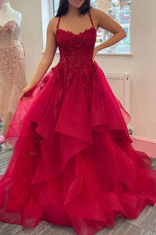 Red Layered Princess Prom Dress with Appliques