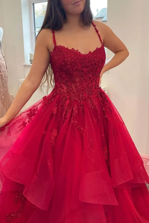 Red Layered Princess Prom Dress with Appliques