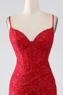 Red Mermaid Spaghetti Straps Beaded Lace Applique Prom Dress With Slit