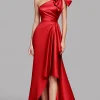 Red One Shoulder Satin Mermaid Long Formal Dress with Bow