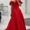 Red Rose A Line Corset Off the Shoulder Prom Dress with Slit
