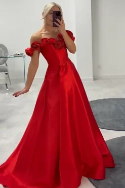 Red Rose A Line Corset Off the Shoulder Prom Dress with Slit