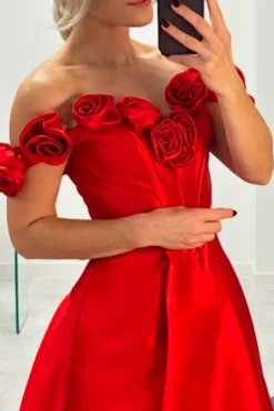 Red Rose A Line Corset Off the Shoulder Prom Dress with Slit