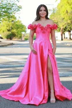 Red Rose A Line Corset Off the Shoulder Prom Dress with Slit