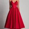 Red Satin A-Line Tea Length Formal Dress