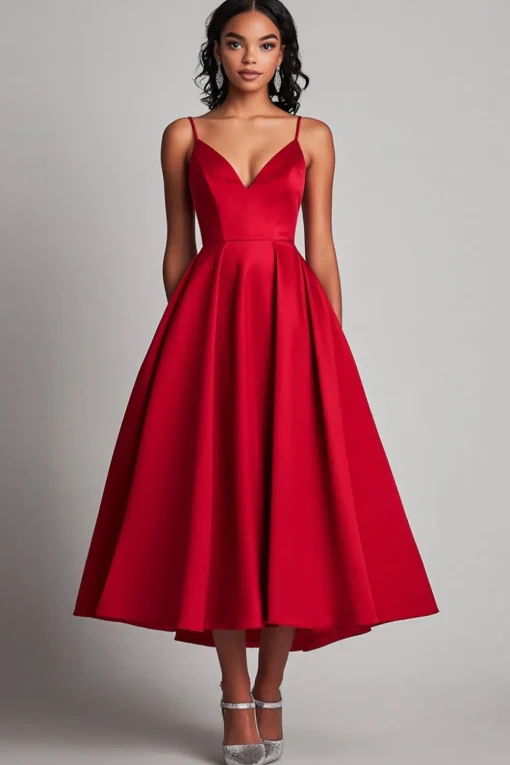 Red Satin A-Line Tea Length Formal Dress