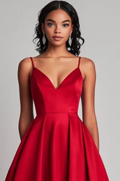 Red Satin A-Line Tea Length Formal Dress