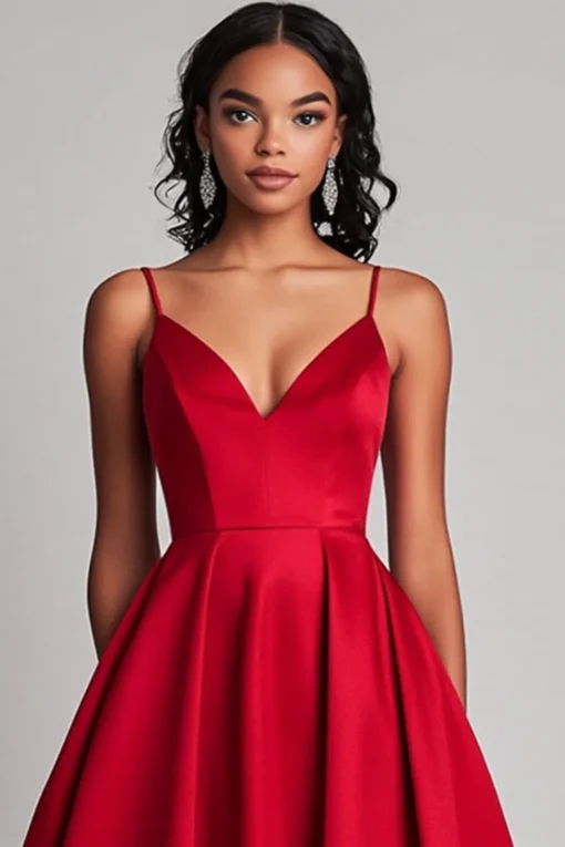 Red Satin A-Line Tea Length Formal Dress