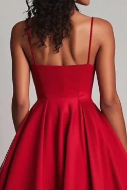 Red Satin A-Line Tea Length Formal Dress
