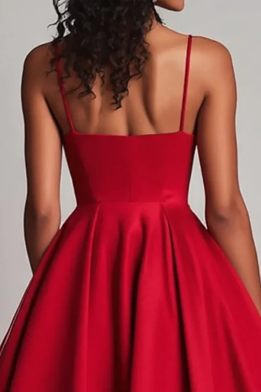 Red Satin A-Line Tea Length Formal Dress