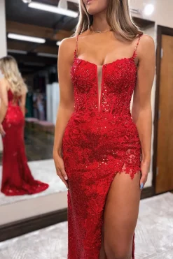 Red Sequins Mermaid Spaghetti Straps Long Prom Dress with Slit