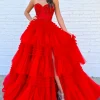 Red Tiered Sweetheart Long Corset Prom Dress with Slit