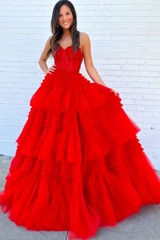 Red Tiered Sweetheart Long Corset Prom Dress with Slit