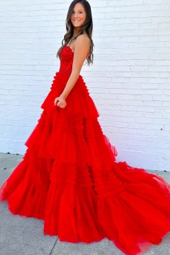 Red Tiered Sweetheart Long Corset Prom Dress with Slit