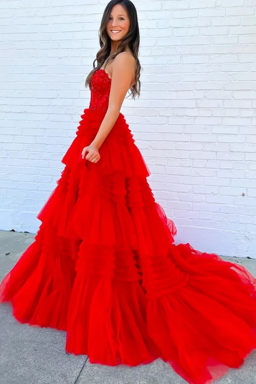 Red Tiered Sweetheart Long Corset Prom Dress with Slit
