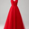 Red Tulle Pleated V-neck A-line Tie Back Prom Dress