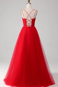 Red Tulle Pleated V-neck A-line Tie Back Prom Dress