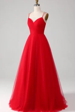 Red Tulle Pleated V-neck A-line Tie Back Prom Dress