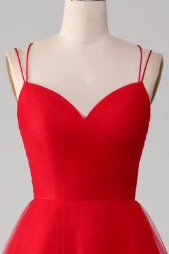 Red Tulle Pleated V-neck A-line Tie Back Prom Dress