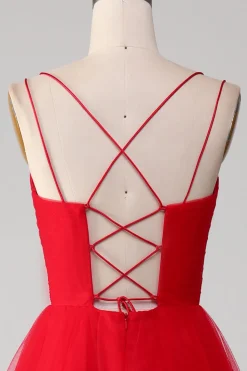 Red Tulle Pleated V-neck A-line Tie Back Prom Dress