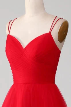 Red Tulle Pleated V-neck A-line Tie Back Prom Dress