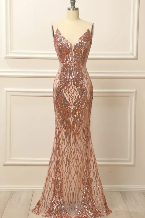 Rose Gold Sequins Long Prom Dress