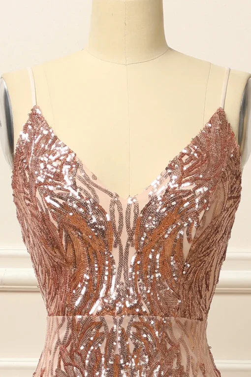 Rose Gold Sequins Long Prom Dress