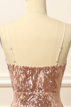 Rose Gold Sequins Long Prom Dress