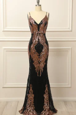 Rose Gold Sequins Long Prom Dress