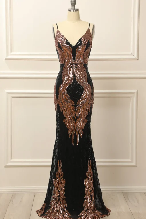 Rose Gold Sequins Long Prom Dress