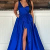 Royal Blue A Line One Shoulder Long Prom Dress with Slit