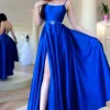 Royal Blue A Line Satin Prom Dress with Slit