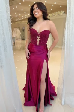 Royal Blue Corset Strapless Mermaid Long Prom Dress with Slit