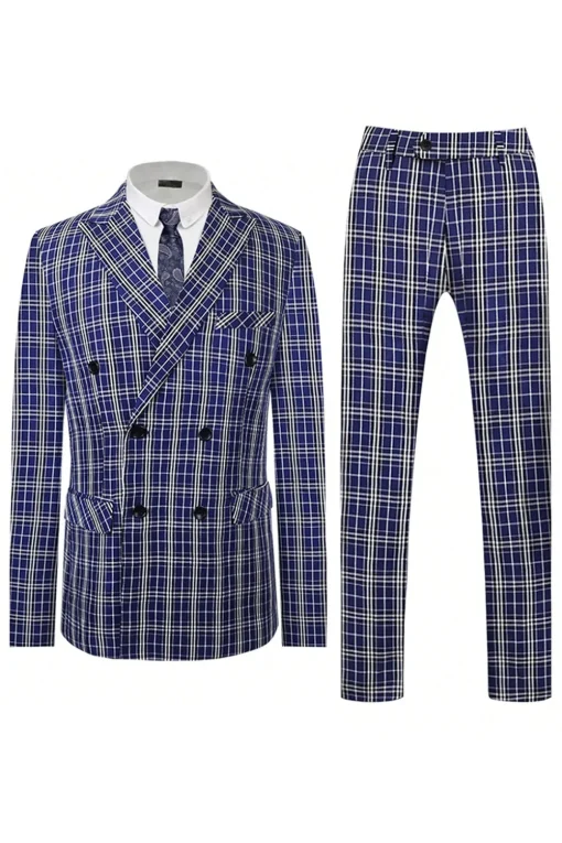 Royal Blue Plaid Peak Lapel Double Breasted 2 Piece Men's Suit