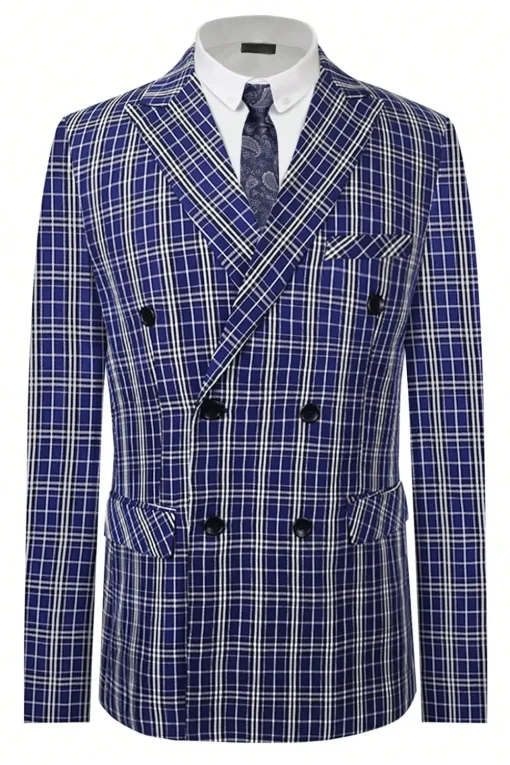 Royal Blue Plaid Peak Lapel Double Breasted 2 Piece Men's Suit
